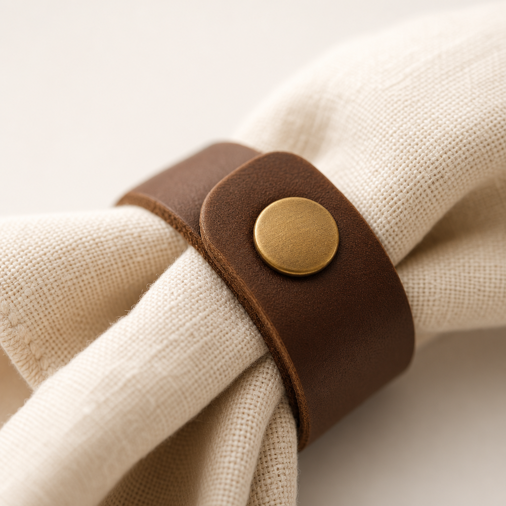 Close-up of a linen napkin edge, leather strap, and brass button closure
