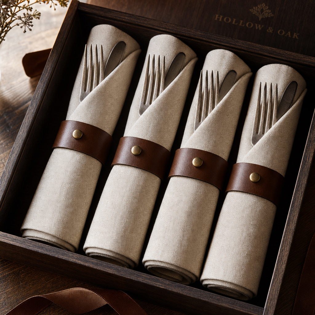Four rolled linen napkins with leather straps, arranged on a dark wood surface