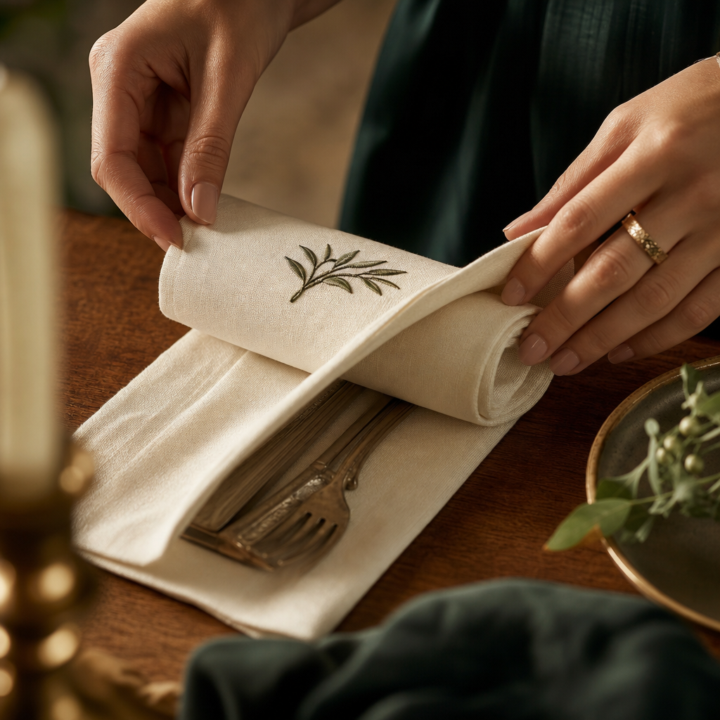 Hands unrolling an ivory linen napkin, revealing silverware within